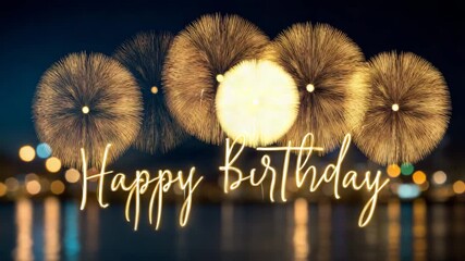 Elegant happy birthday greeting card featuring golden fireworks and bokeh lights perfect for festive celebrations and warm wishes - Powered by Adobe