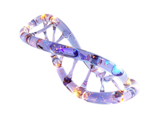 Transparent, glassy depiction of a spiraling double helix, lit with bright, sparkling details