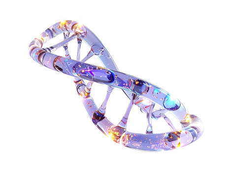 Transparent, glassy depiction of a spiraling double helix, lit with bright, sparkling details