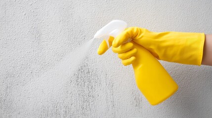 A worker wearing a yellow protective glove sprays a cleaning solution on a textured wall, focusing on cleanliness while maintaining a safe environment in a bright workspace