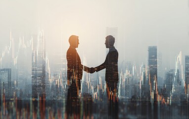 Silhouette of two individuals shaking hands, overlaying a cityscape and stock market chart