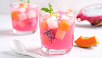 Colorful Indonesian fruit cocktail dessert in glass with ice and pink syrup