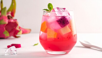 Colorful Indonesian fruit cocktail dessert in glass with ice and pink syrup
