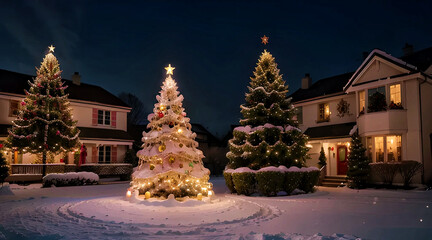 A serene winter scene featuring snow-covered pine trees and gently falling snowflakes