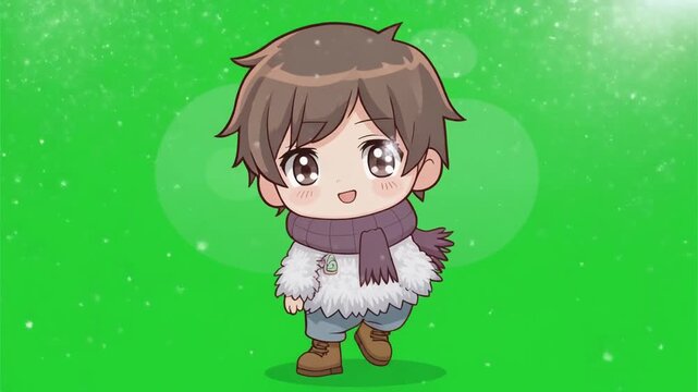 A charming chibi character with brown hair and a scarf, set against a vibrant green background, radiating happiness and joy.