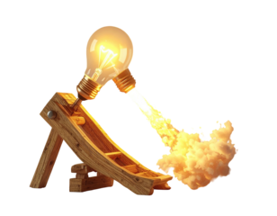 Conceptual image of a wooden catapult launching a light bulb with a fiery trail