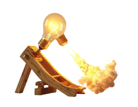 Conceptual image of a wooden catapult launching a light bulb with a fiery trail
