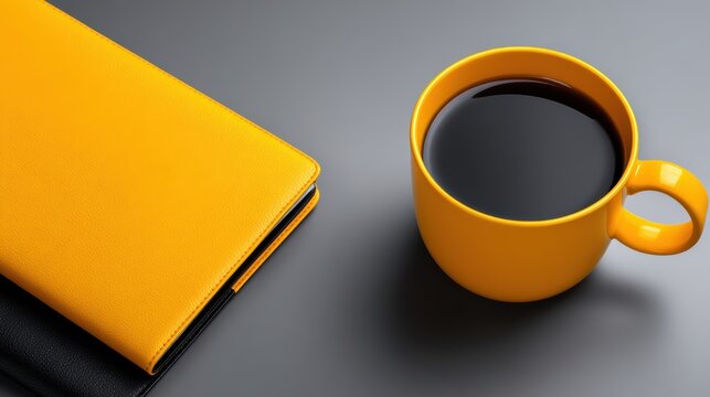 Coffee Break: Yellow Mug and Notebooks - Stock Photo