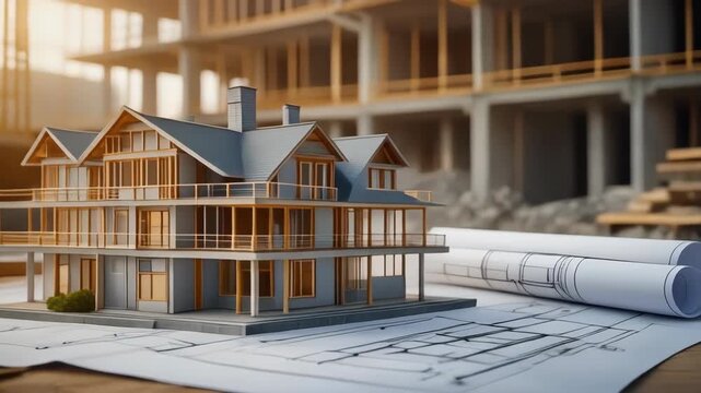 Architectural scale model house on a blueprint plan with construction site background for residential real estate development