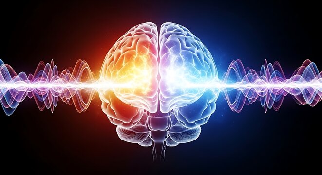 Brain activity illustration showing neural networks and brainwaves, representing intelligence, creativity, and cognitive function with vibrant colors