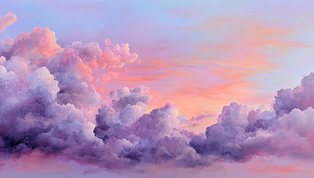 Dreamy panorama of fluffy clouds painted with pastel hues during a stunning sunset or sunrise - Powered by Adobe