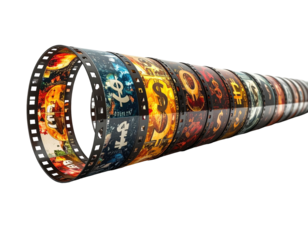 Film strip spiraling into the distance with various currency symbols on its frames, isolated