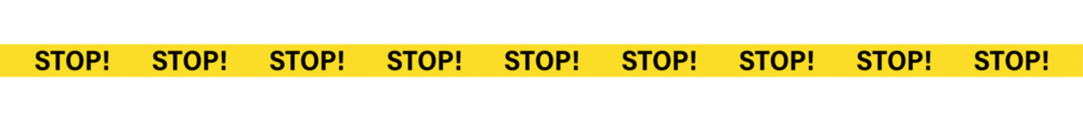 A yellow banner with the word stop repeated with exclamation points across the entire length of the banner