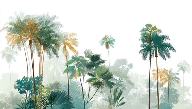 Digital painting depicts a verdant tropical forest of varied, layered palm trees against a white backdrop