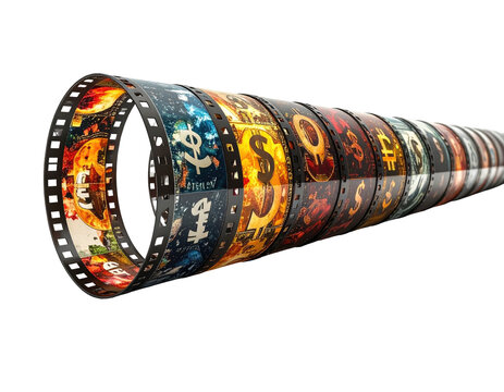 Film strip spiraling into the distance with various currency symbols on its frames, isolated
