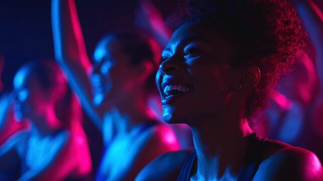 Smiling Woman Enjoying an Energetic Spin Class Under Vibrant Studio Lighting