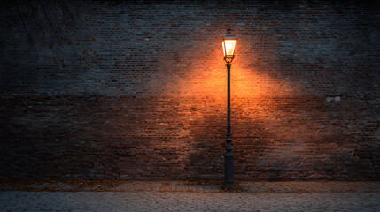 Brick wall with old streetlamp casting warm glow