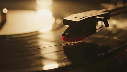 A close up shot of a record player with a record spinning in warm lighting tone