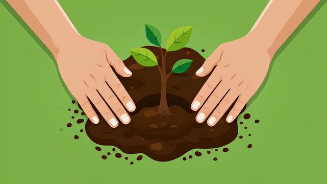 Vector illustration of human hands carefully planting a small green sapling in a mound of soil