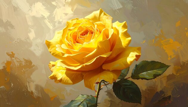 A close-up studio shot presents a vibrant yellow rose in full bloom. It's against a textured, impressionistic background - Powered by Adobe