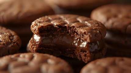 Delicious chocolate cookie sandwiches oozing with caramel high-resolution photo