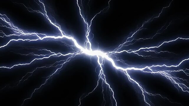 Electric Storm: Intense display of striking lightning bolts against dark night sky forming powerful energy pattern