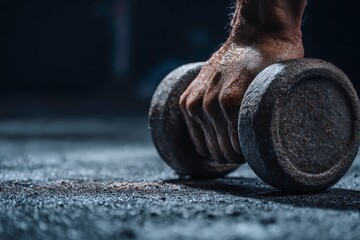 Close up of a strong hand gripping a heavy dumbbell on a gritty gym floor