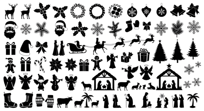 Collection of christmas silhouettes isolated on transparent background - Powered by Adobe