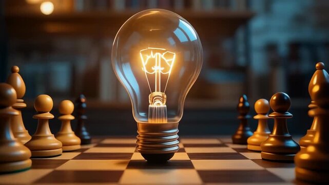 Chessboard strategic game with lightbulb idea, creative mind solution and problem solving to success in business strategy