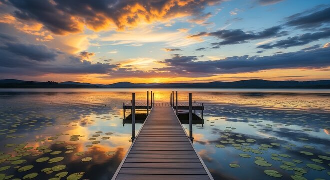 Wooden dock leads to sunset over lake