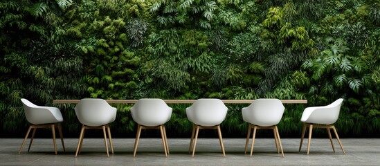 A modern interior with white chairs at a wooden table against a vibrant green wall