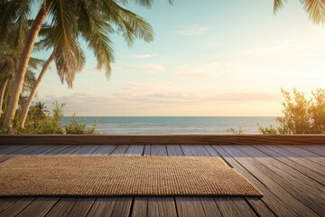 Beach scene with wooden deck and rug. Palm trees frame the horizon over a tranquil ocean