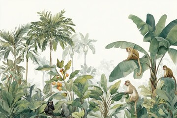 Tropical scene featuring vibrant foliage, monkeys, and lush plant life with a soft, airy background