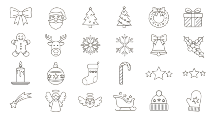 Collection of hand drawn christmas icons isolated on transparent background