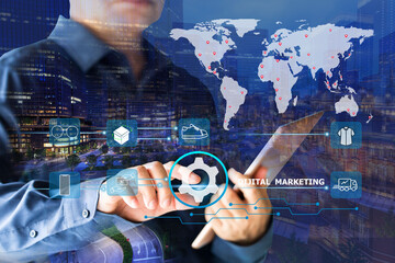 Double exposure of business man hand touching with business financial virtual, Digital marketing concept, Cityscape background.