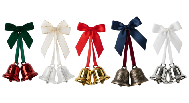 Colorful christmas bells with bows isolated on transparent background