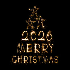Happy New Year 2026. Burning sparkling text 2026 isolated on black background.