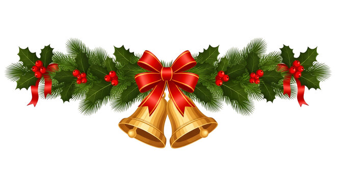 Festive christmas garland with golden bells isolated on transparent background