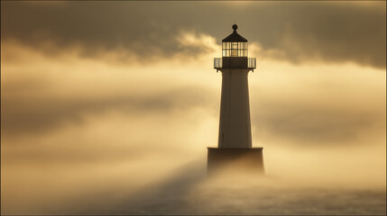 sailor. Lighthouse beam cutting through morning fog at a coastal maritime scene. travel magazines, destination branding, designed for outdoor magazines and nature guides, used by event planners.