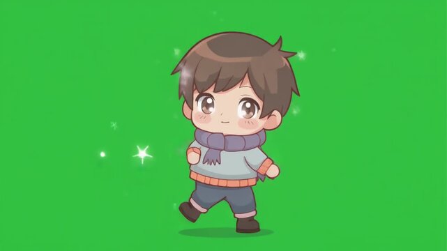 A charming cartoon boy with brown hair and a scarf walks against a vibrant green backdrop, surrounded by sparkling stars, creating a cheerful scene.