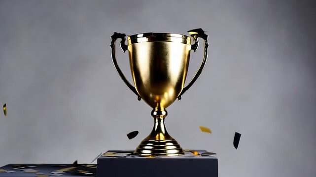 Golden trophy with floating confetti: celebratory success symbol