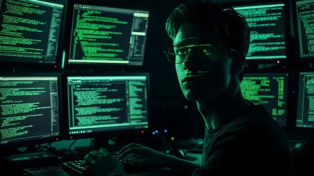 Young hacker in dark room surrounded coding screens