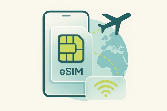 Seamless connectivity enabled by eSIM technology featuring a smartphone and global travel concept illustrated with a globe and airplane symbolizing modern telecommunications