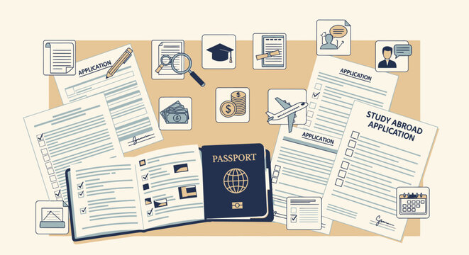 Image showing various documents and items related to the study abroad application process.