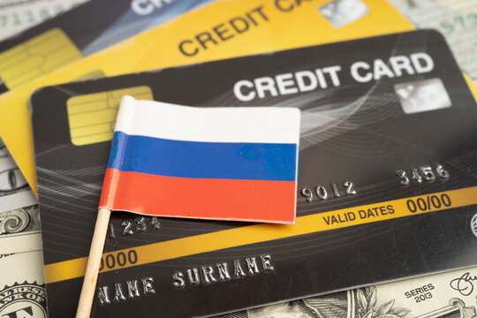 Russia flag on coin and banknote money, finance trading investment business currency.