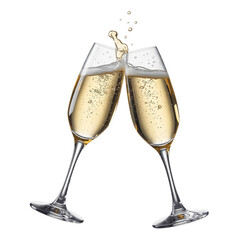 Two champagne glasses toasting with splash, isolated