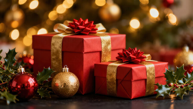 Pacchi regalo natalizi rossi con decorazioni dorate e sfondo luminoso. Generative AI