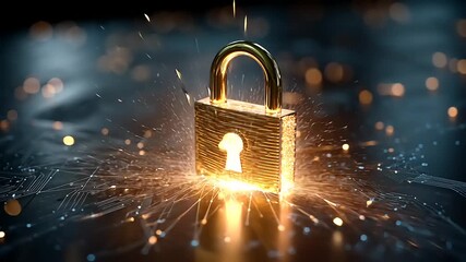 Glowing padlock surrounded by sparks on a digital background, symbolizing security and technology - Powered by Adobe