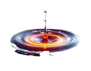 Digitally created image of water droplet impact with colorful, illuminated rings against black