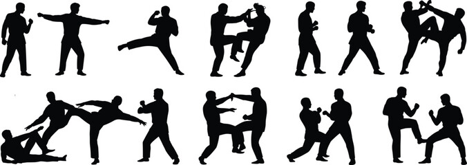 Set of combat and martial arts fighter silhouettes, black vector image of men fighting, performing high kicks, punches, and self-defense movements,